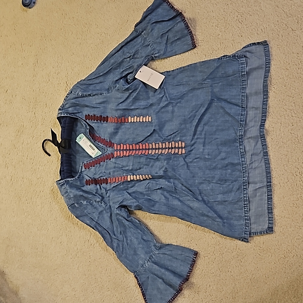 Billy T Cadelaria Embroidery Detail Bell Sleeve Chambray Top